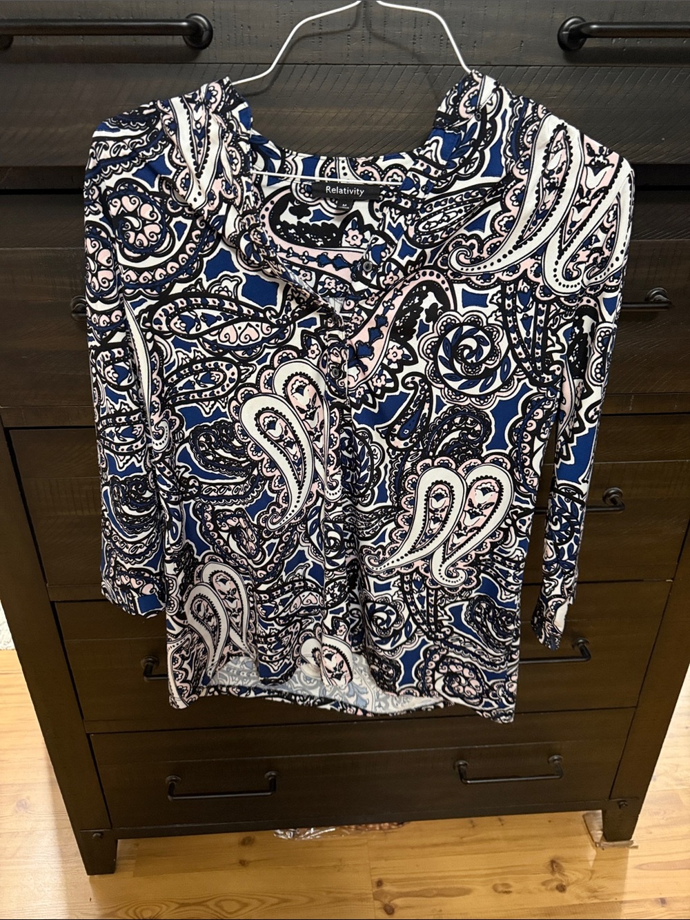 Relativity Navy and White Paisley Long-Sleeve Button Front Top